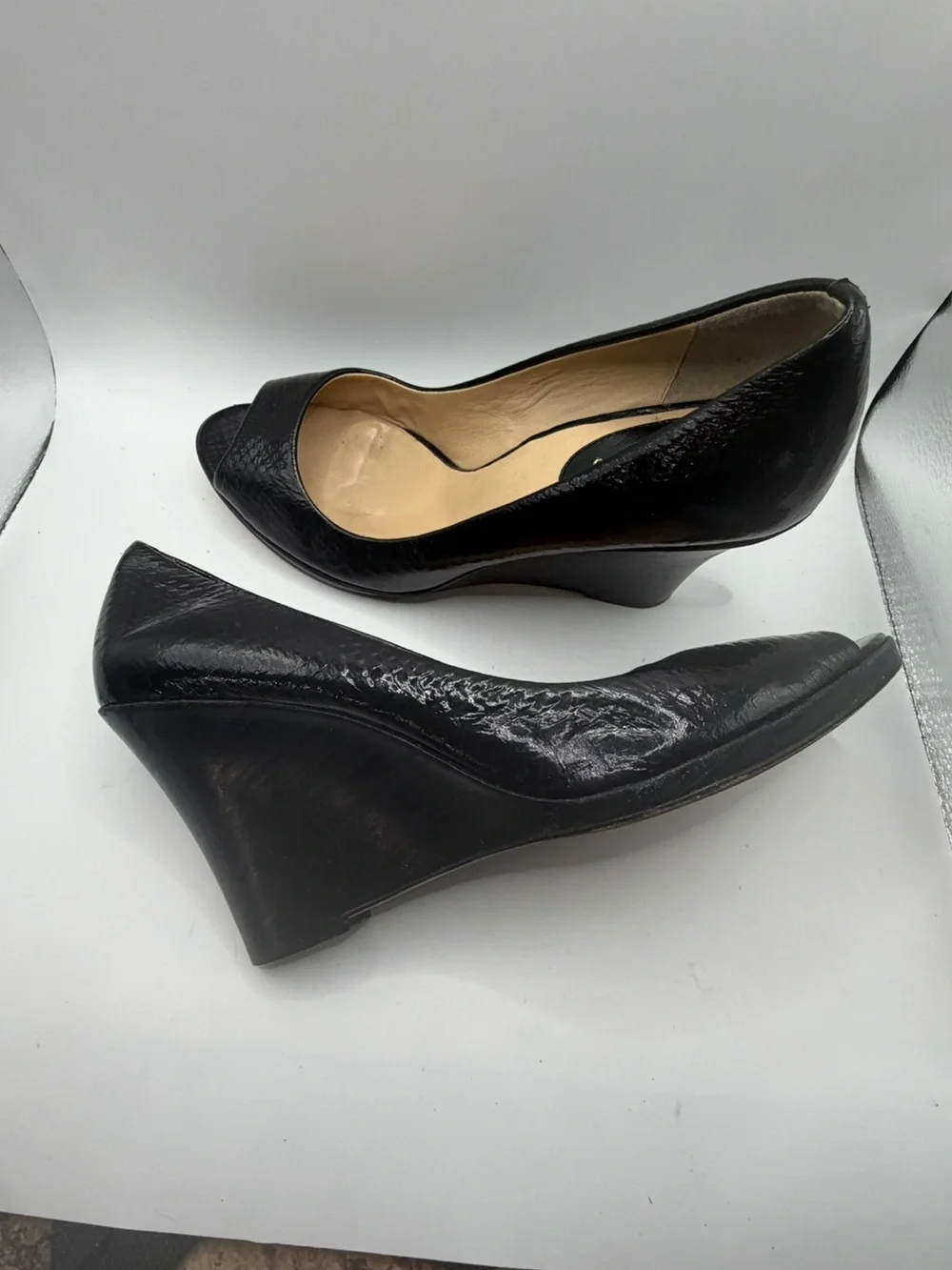 Cole Haan Black Snake Snake Skin Embossed Leather Peep-Toe Wedge Pumps